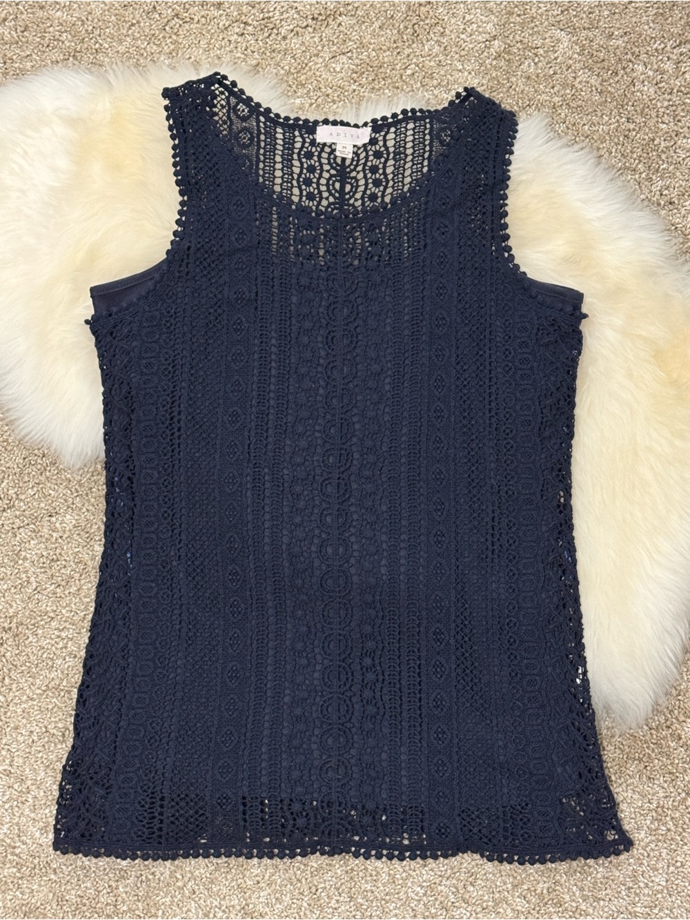 Adiva Women’s Navy Blue Crochet Lace Tank Top Crew Neck with Camisole Size M